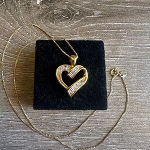 Elegant Gold Heart Pendant Necklace Stamped 925 Sterling Silver Baguette CZ